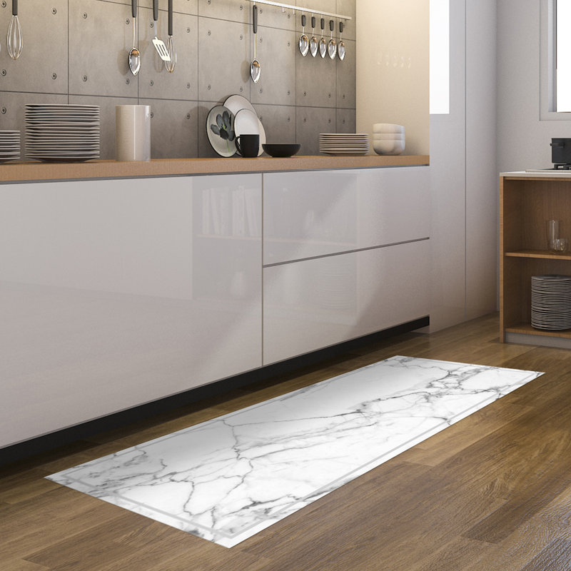 Wrought Studio White Marble Decorative Vinyl Floor Mat - 4.5' X 6.5